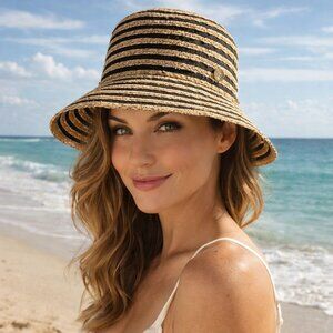 Eric Javits New York Packable Straw Bucket Sun Hat Tan Black Stripe UPF